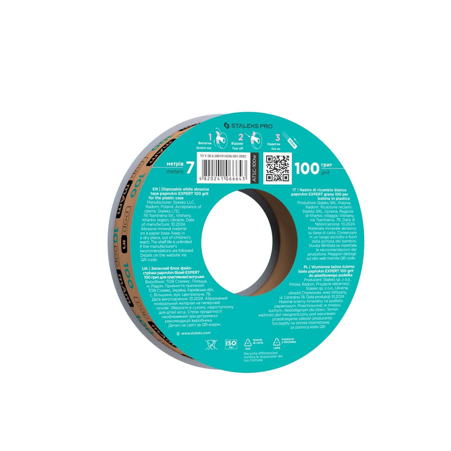 STALEKS PRO Disposable White Abrasive Tape papmAm Expert – 100 Grit – 7m Roll – Glueless Replaceable Abrasive for Plastic Case – Professional Nail Shaping – Manicure & Pedicure