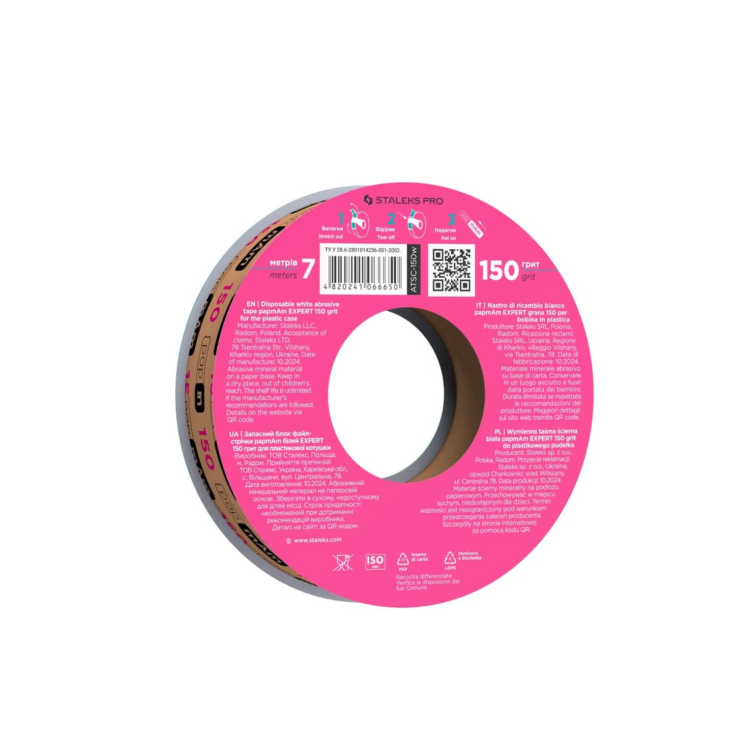STALEKS PRO Disposable White Abrasive Tape papmAm Expert – 150 Grit – 7m Roll – Glueless Replaceable Abrasive for Plastic Case – Professional Nail Shaping – Manicure & Pedicure