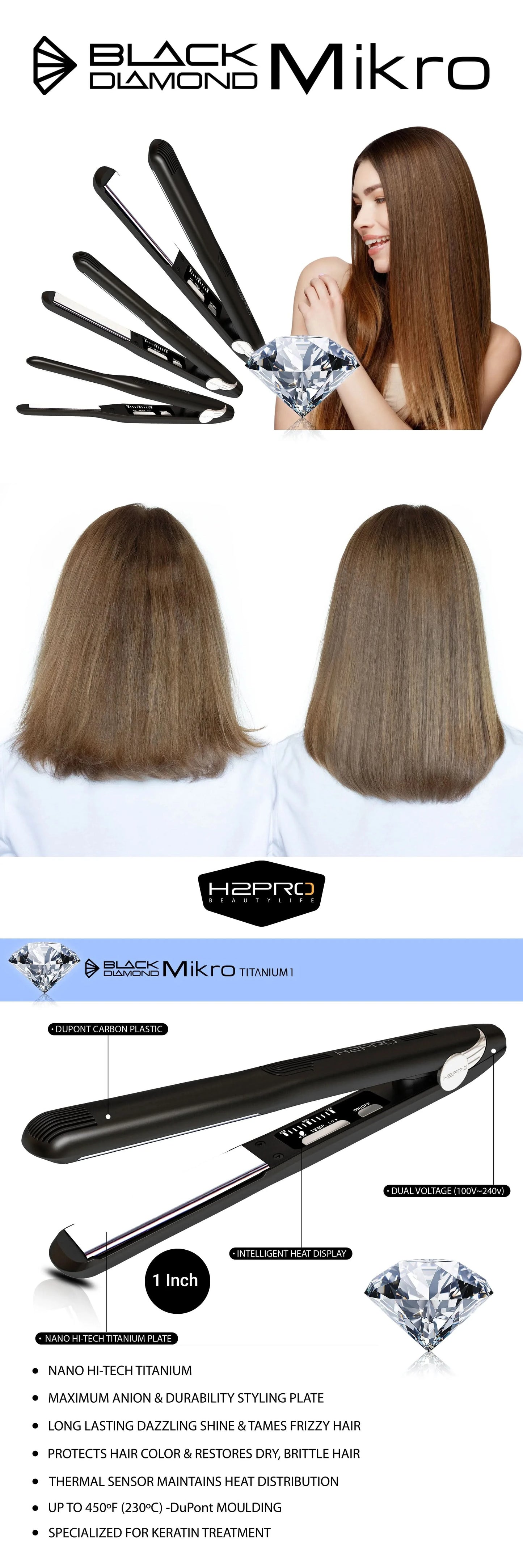 H2PRO BLACK DIAMOND MIKRO TITANIUM FLAT IRON - 1" (BDMT1)