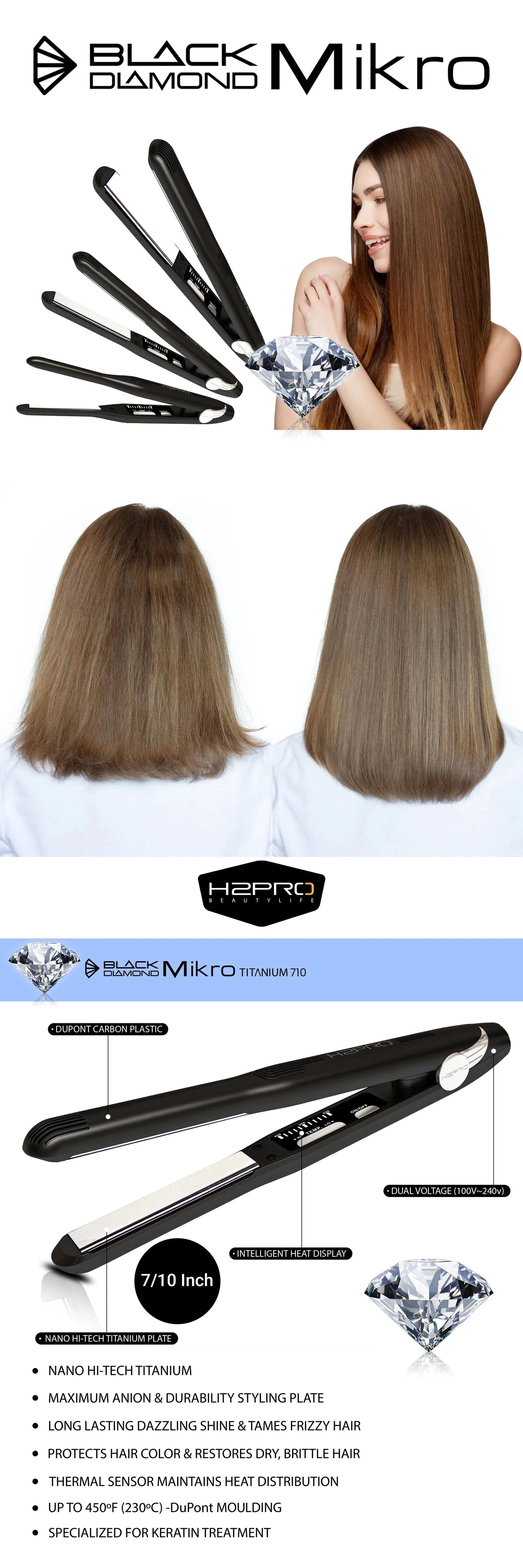 H2PRO BLACK DIAMOND MIKRO TITANIUM FLAT IRON - 7/10" (BDMT710)