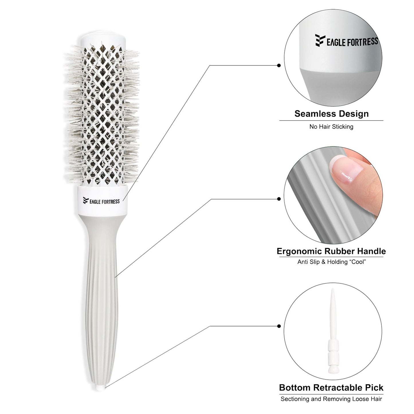Eagle Fortress XL Ceramic + Ionic Round Hair Brush 1.26 in - Grey