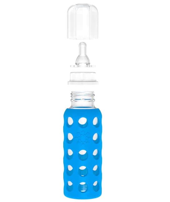 Lifefactory Glass Baby Bottles with Silicone Protection - 4-Pack, 4 oz/9 oz Bottles, (2- Cobalt Blue & 2- Cataloupe)