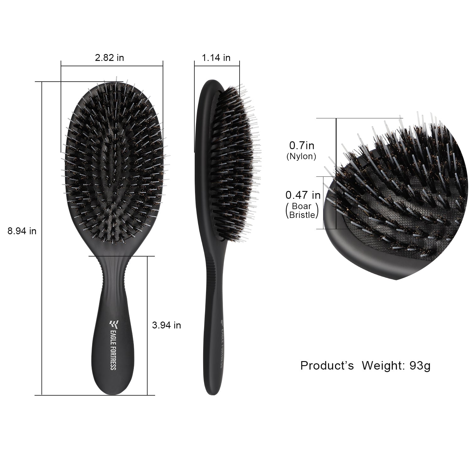 Eagle Fortress Deluxe Boar Bristle Hair Brush - Black