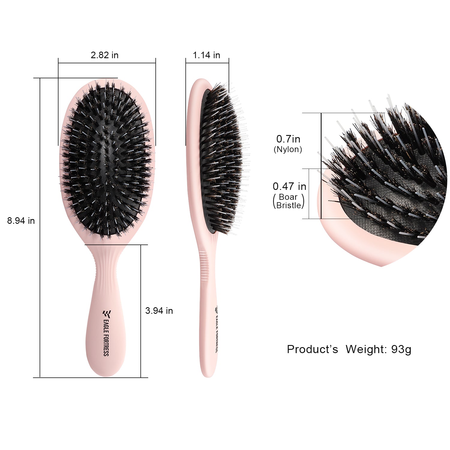 Eagle Fortress Deluxe Boar Bristle Hair Brush - Pink