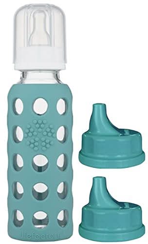 Lifefactory 9oz Glass Baby Bottle and 2 Transitioning Sippy Caps