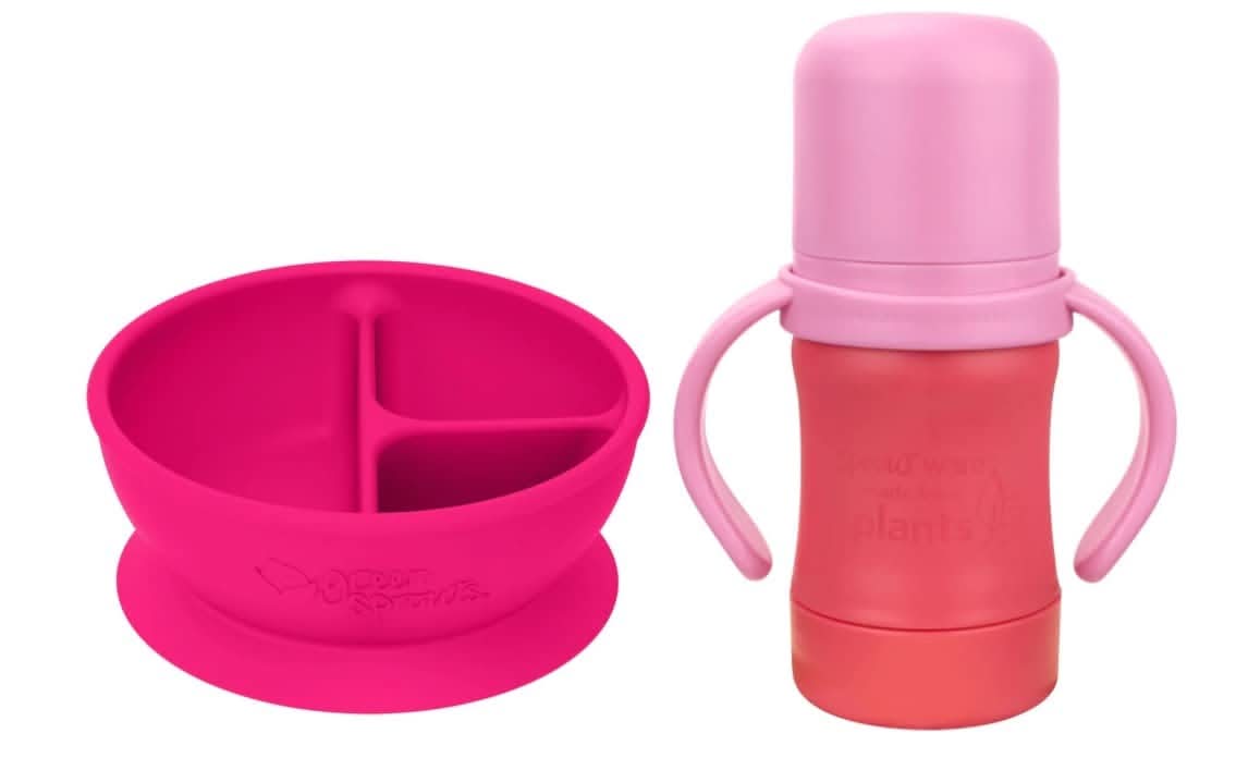 green sprouts - Learning Bowl made from Silicone and Sprout Ware Sip & Straw Cup made from Plants - Bundle (Pink)