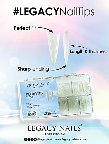 Legacy Nails Professional Nail Tips - Ideal for Acrylic, Gel or Smart Builder Gel Nails (Stiletto, Clear)