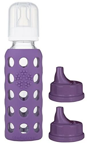 Lifefactory 9oz Glass Baby Bottle and 2 Transitioning Sippy Caps