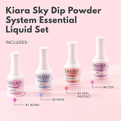 Kiara Sky Dip Manicure Liquid Essentials Bundle Steps 1-4 (BOND, BASE, SEAL PROTECT, TOP COAT)