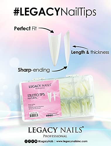 Legacy Nails Professional Nail Tips - Ideal for Acrylic, Gel or Smart Builder Gel Nails (Stiletto, Natural)