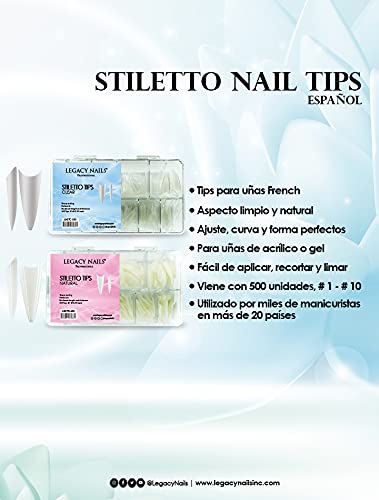 Legacy Nails Professional Nail Tips - Ideal for Acrylic, Gel or Smart Builder Gel Nails (Stiletto, Natural)