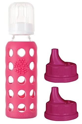 Lifefactory 9oz Glass Baby Bottle and 2 Transitioning Sippy Caps