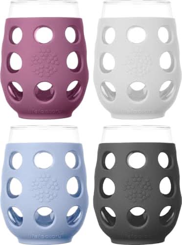 Lifefactory Wine Glass with Protective Silicone Sleeve, 4 Count Carbon, Optic White, Periwinkle, Wisteria