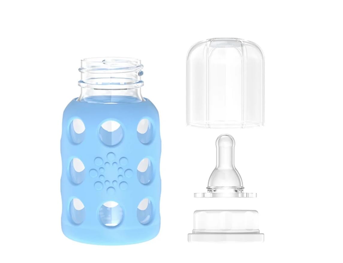 Lifefactory Glass Baby Bottles with Silicone Protection - 2-Pack, 4 oz Bottles, Sky Blue & Banana