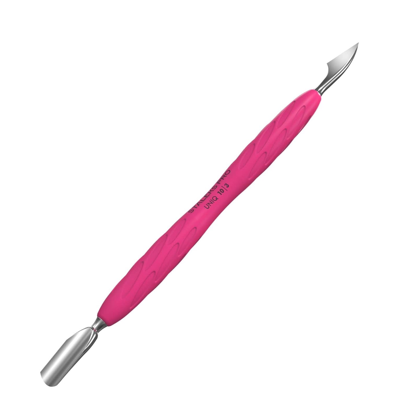 Staleks Manicure pusher Gummy with silicone handle UNIQ 10 TYPE 3 – Stainless Steel – Professional Cuticle Tool (rounded narrow pusher and cleaner)