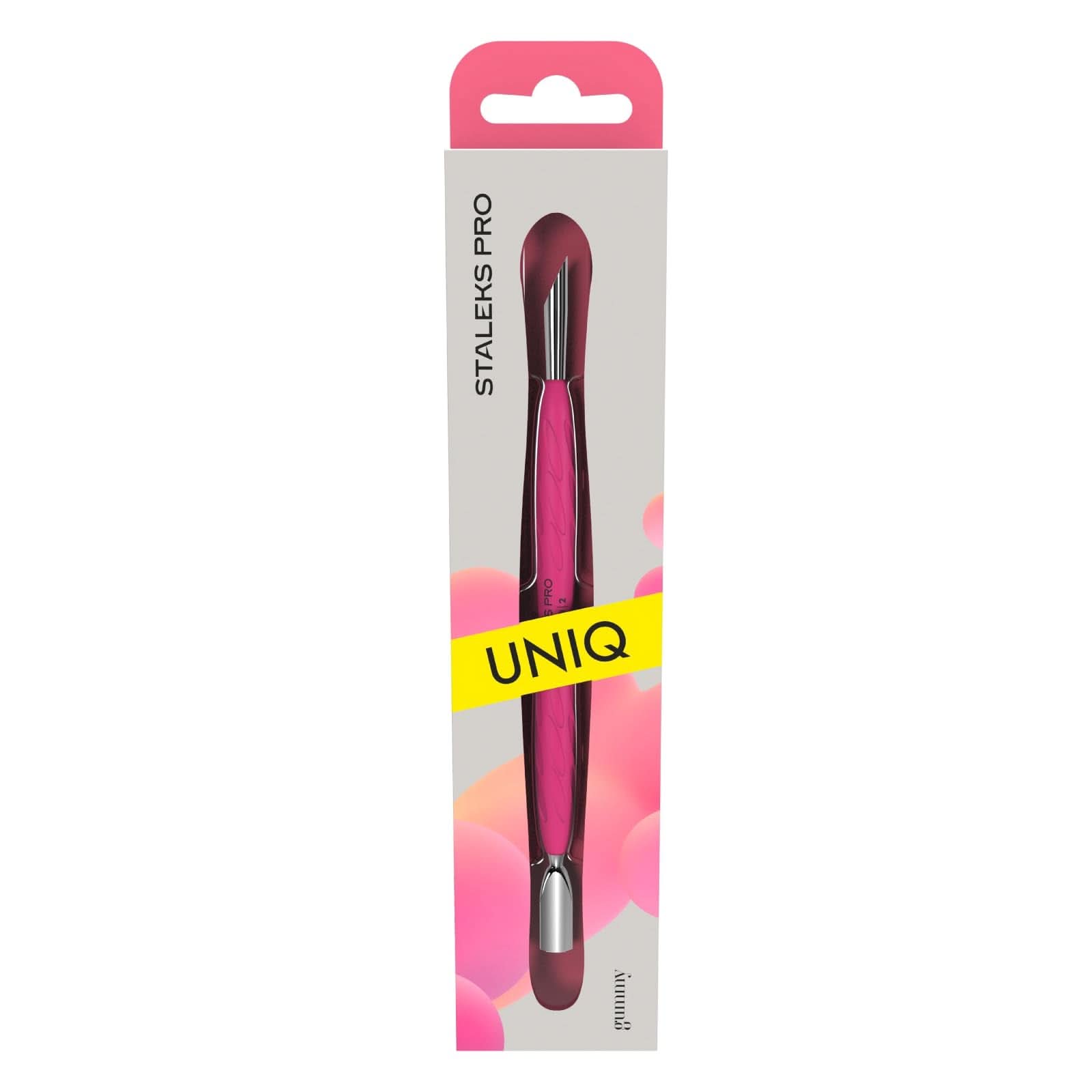 Staleks Manicure pusher Gummy with silicone handle UNIQ 10 TYPE 2 – Stainless Steel – Professional Cuticle Tool (rounded narrow and beveled pusher)