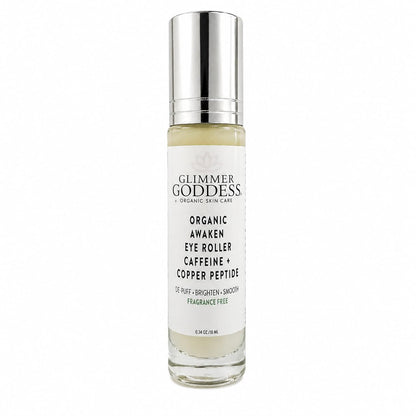 Glimmer Goddess Awaken Eye Ritual Under Eye Roller with Caffeine, Copper Peptide, Niacinamide and Hyaluronic Acid for Puffiness and Dark Circles, Fragrance-Free, Stainless Steel
