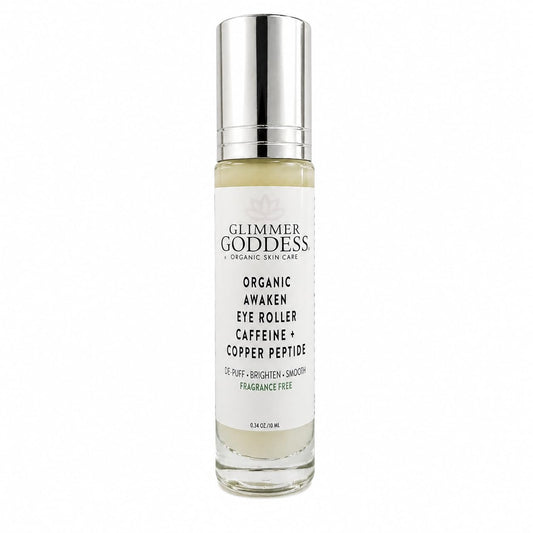 Glimmer Goddess Awaken Eye Ritual Under Eye Roller with Caffeine, Copper Peptide, Niacinamide and Hyaluronic Acid for Puffiness and Dark Circles, Fragrance-Free, Stainless Steel
