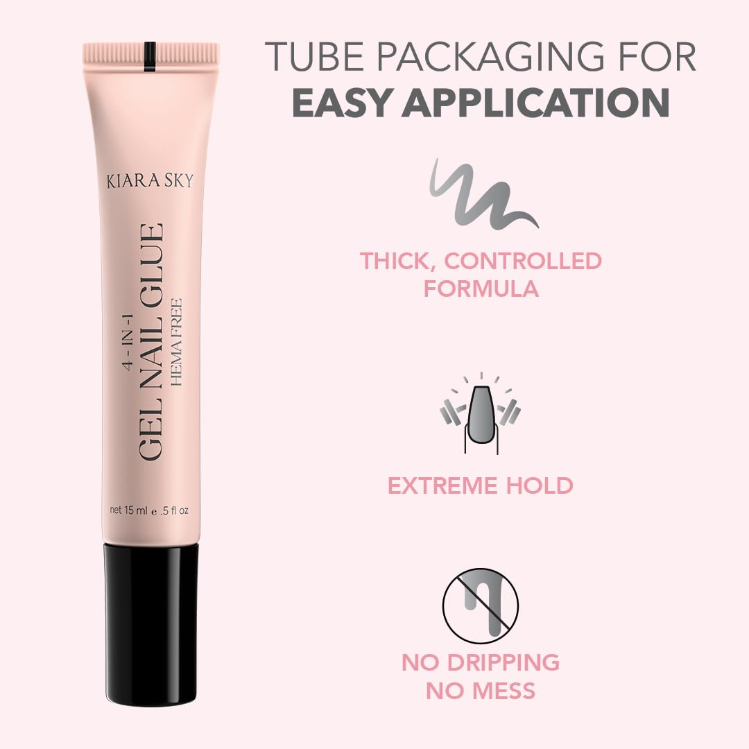 Kiara Sky 4-in-1 Gel Nail Glue– Hema-Free - Easy Application - Multi-Use - Builder, Bling Adhesive, Gelly Tip Adhesion, 3D Nail Art – Non-Wipe Soak-Off Formula 0.5 Fl Oz