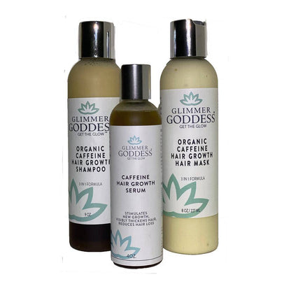 GLIMMER GODDESS Organic Caffeine Hair Growth Shampoo, Conditioner & Serum