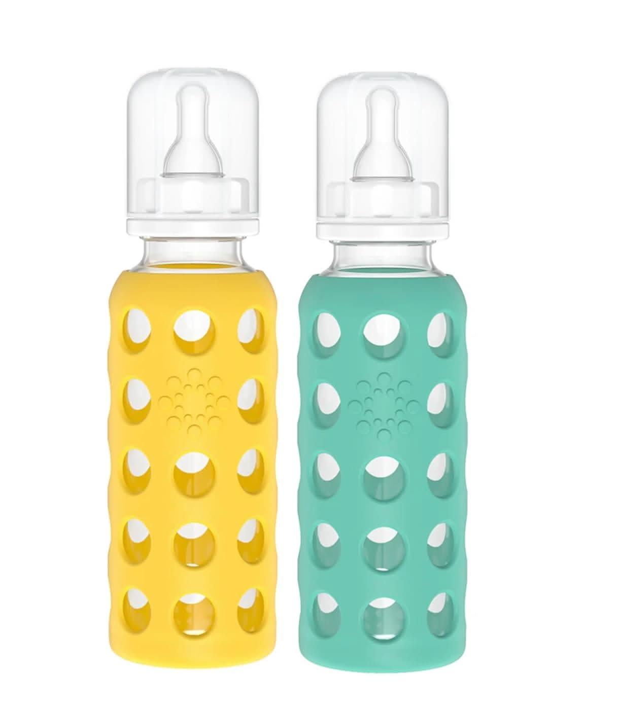 Lifefactory 9 oz Glass Baby Bottles with Silicone Protection - 2-Pack, Mango/Kale