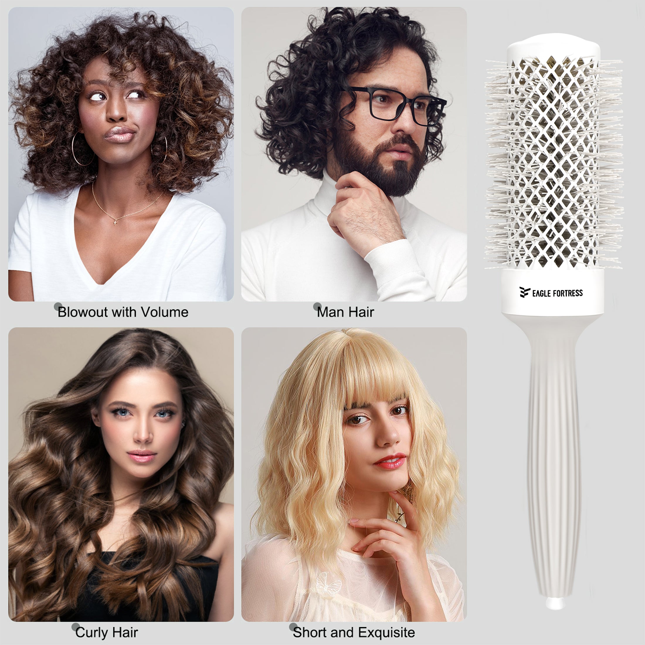 Eagle Fortress Professional Round Hair Brush for Blow Drying with Ceramic + Ionic, Grey 1.69in