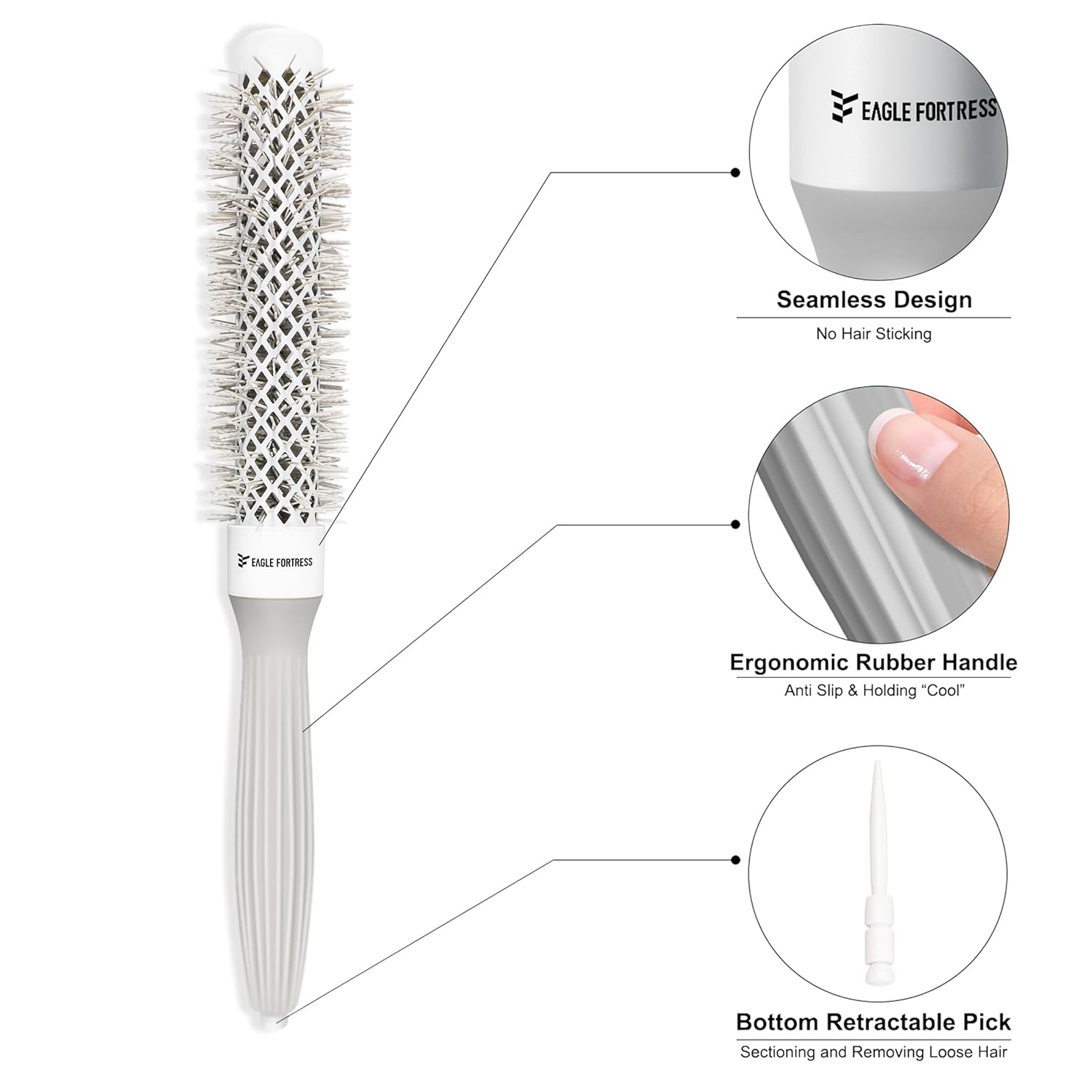 Eagle Fortress Professional Extended Barrel Round Hair Brush for Blow Drying with Ceramic + Ionic, Grey 1.26in