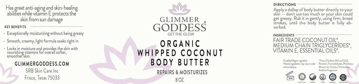 GLIMMER GODDESS Organic Whipped Coconut Oil Body Butter, 8oz