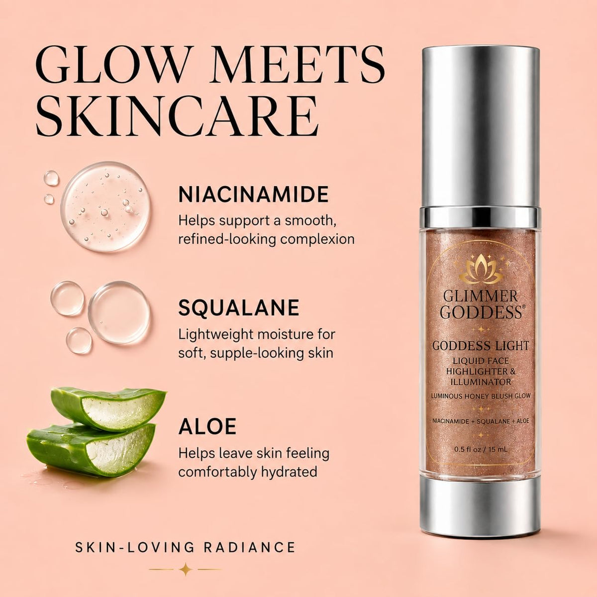 Glimmer Goddess Liquid Face Highlighter, Sheer Champagne-Gold Luminous Finish, for All Skin Tones, Buildable Illuminating Glow 15ML