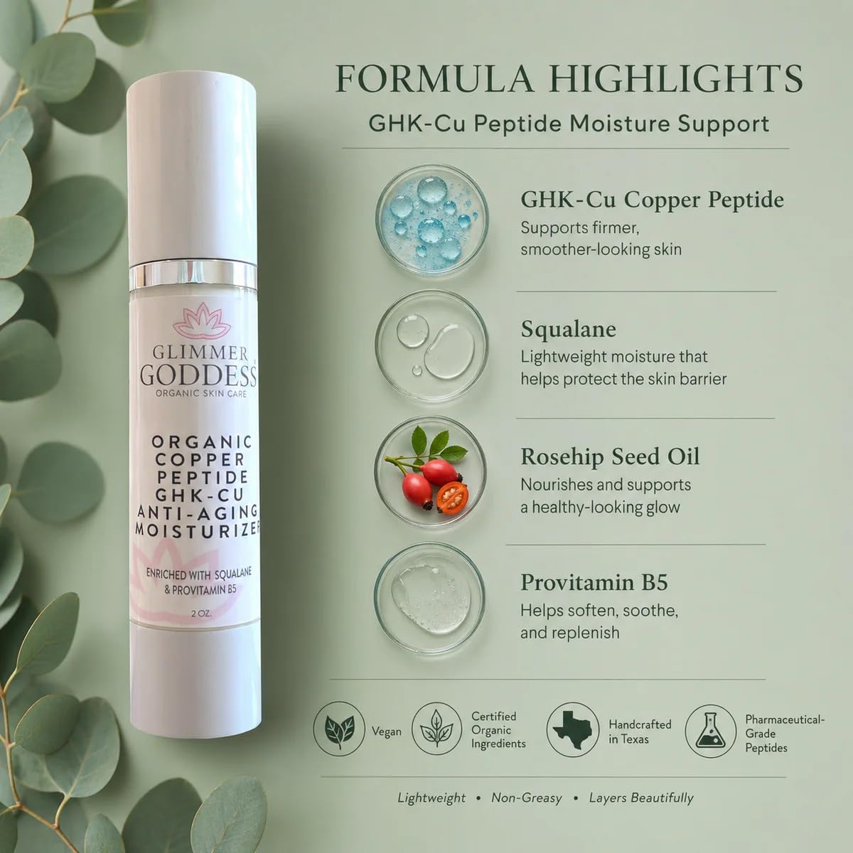 GLIMMER GODDESS Organic Daily Face Moisturizer Cream, Bottle 2oz