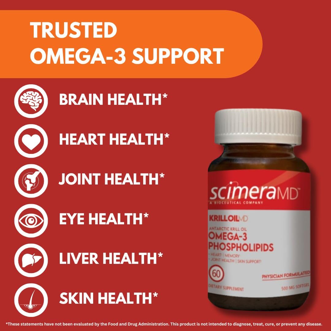 Scimera MD® KrillOilMD Antarctic Krill Oil Omega 3 DHA EPA Supplement with Astaxanthin for Heart, Brain, and Joint Support