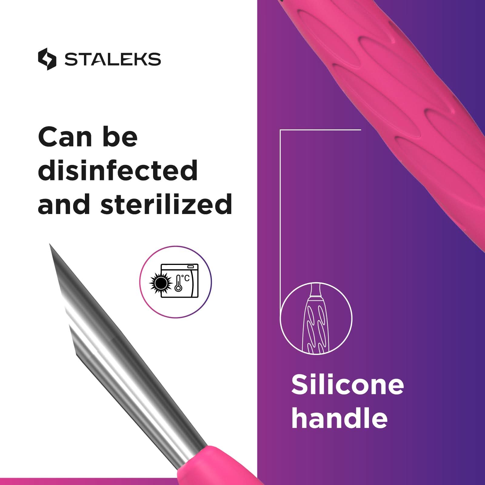 Staleks Manicure pusher Gummy with silicone handle UNIQ 10 TYPE 2 – Stainless Steel – Professional Cuticle Tool (rounded narrow and beveled pusher)