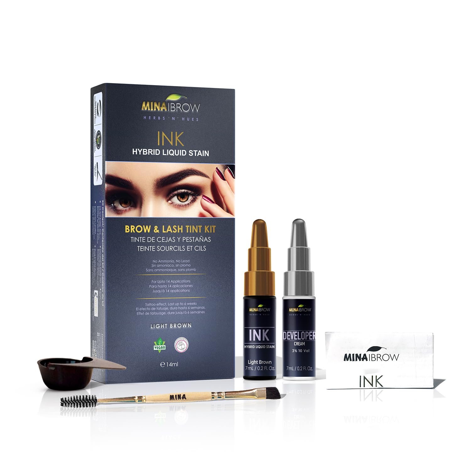 Mina Ibrow - Ink Hybrid Liquid Stain, Brow & Lash Tint Kit - Light Brown 14ml