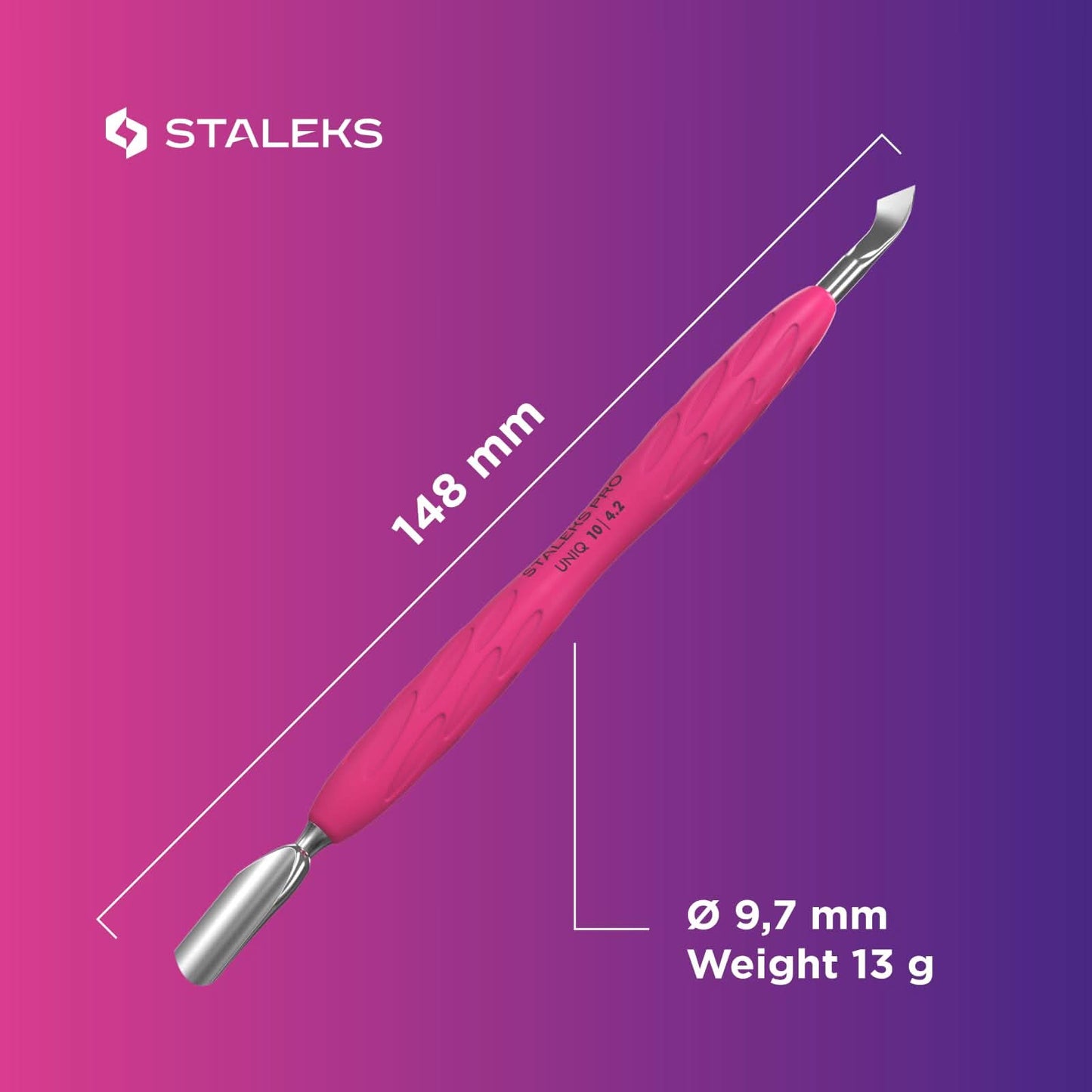 Staleks Manicure pusher Gummy with silicone handle UNIQ 10 TYPE 4.2 – Stainless Steel – Professional Cuticle Tool (rounded narrow pusher and bent blade)