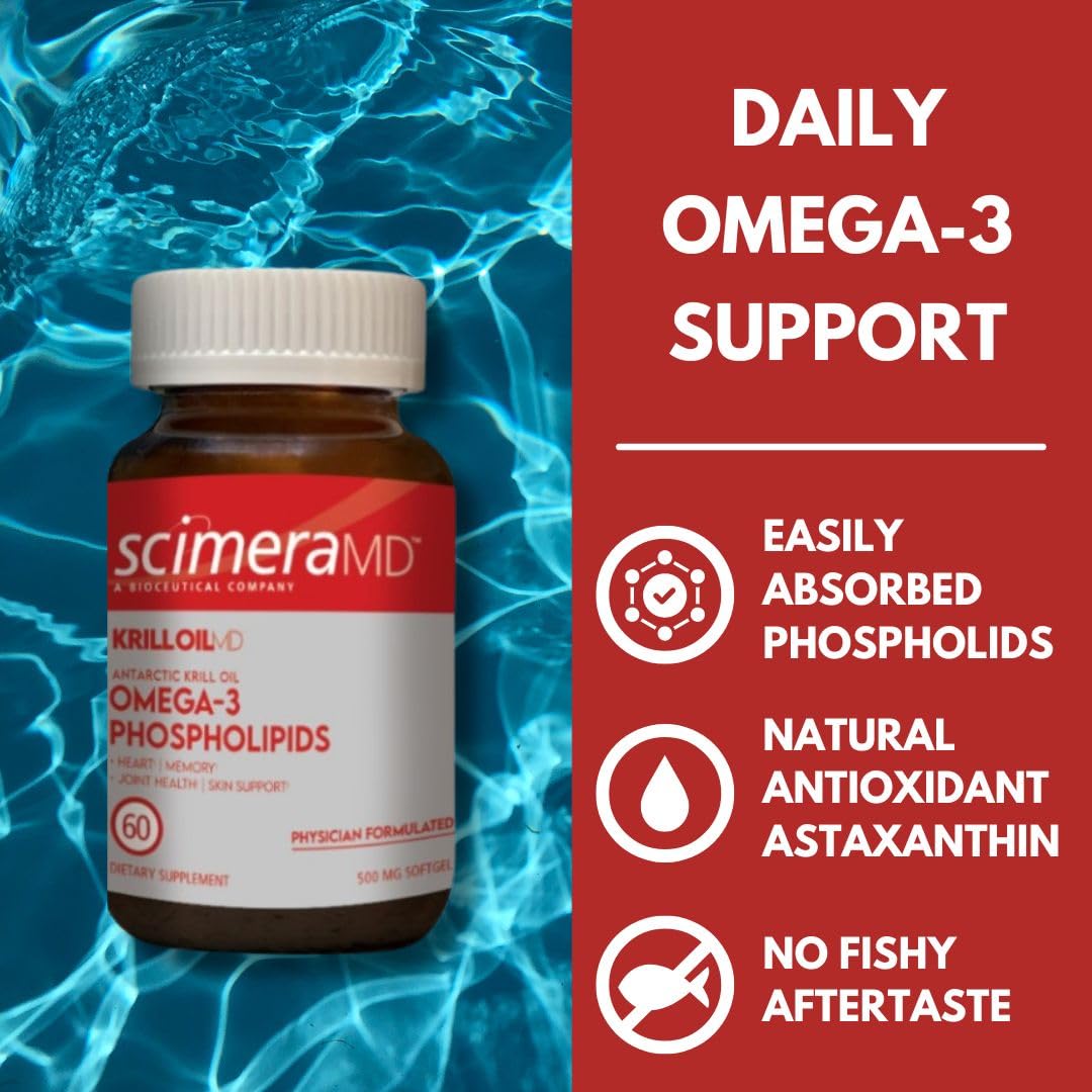 Scimera MD® KrillOilMD Antarctic Krill Oil Omega 3 DHA EPA Supplement with Astaxanthin for Heart, Brain, and Joint Support