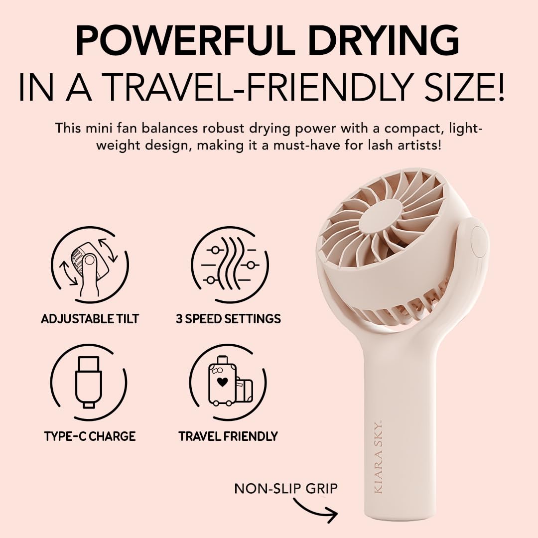 KIARA SKY Lash Fan | Portable Rechargeable Wireless Mini Handheld Lash Fan | 3 Speed Settings | Lash Fan Dryer for Eyelash Extensions | Air Cooling Blower Fan with USB- C | Travel Friendly