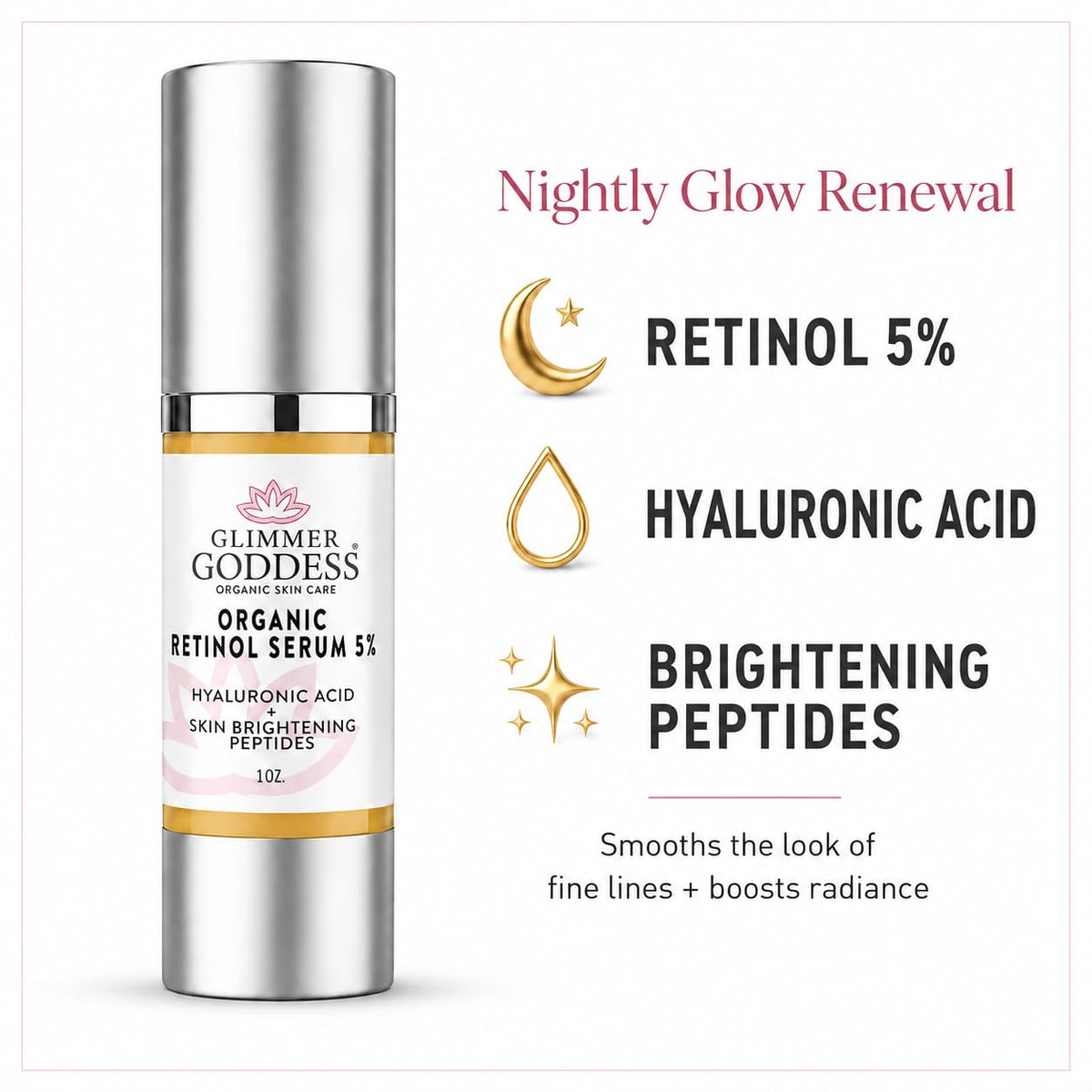 Glimmer Goddess Organic Retinol Serum 5% with Hyaluronic Acid & Squalane 1 oz (SEASONAL)