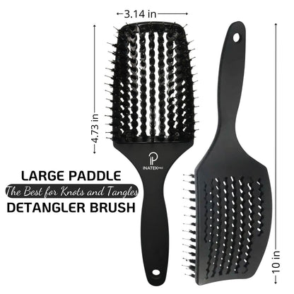 INATEKPRO Curved Vented Boar Bristle Detangler Brush - Black | LARGE