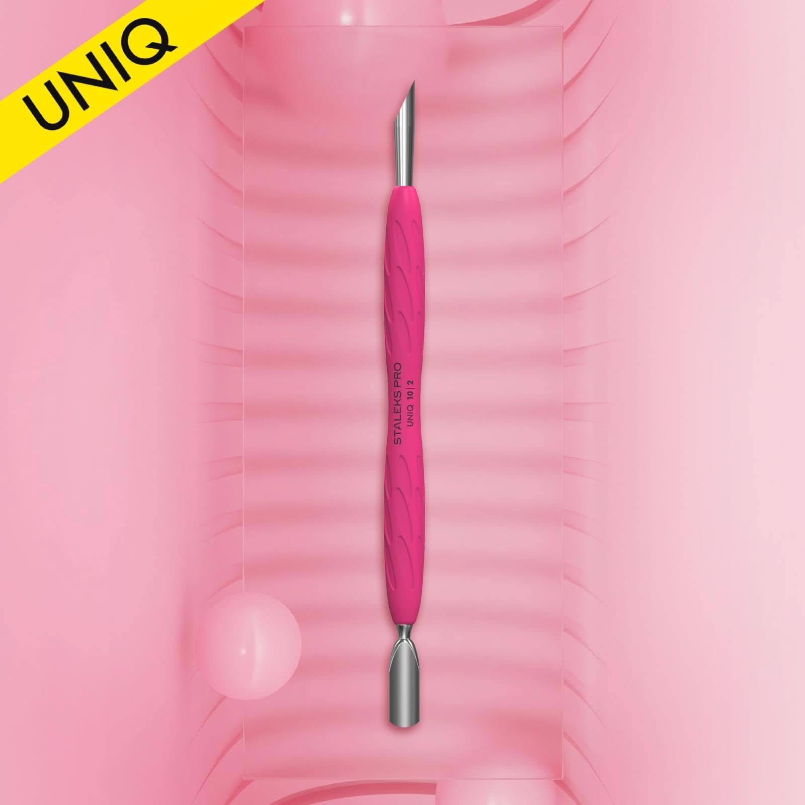 Staleks Manicure pusher Gummy with silicone handle UNIQ 10 TYPE 2 – Stainless Steel – Professional Cuticle Tool (rounded narrow and beveled pusher)
