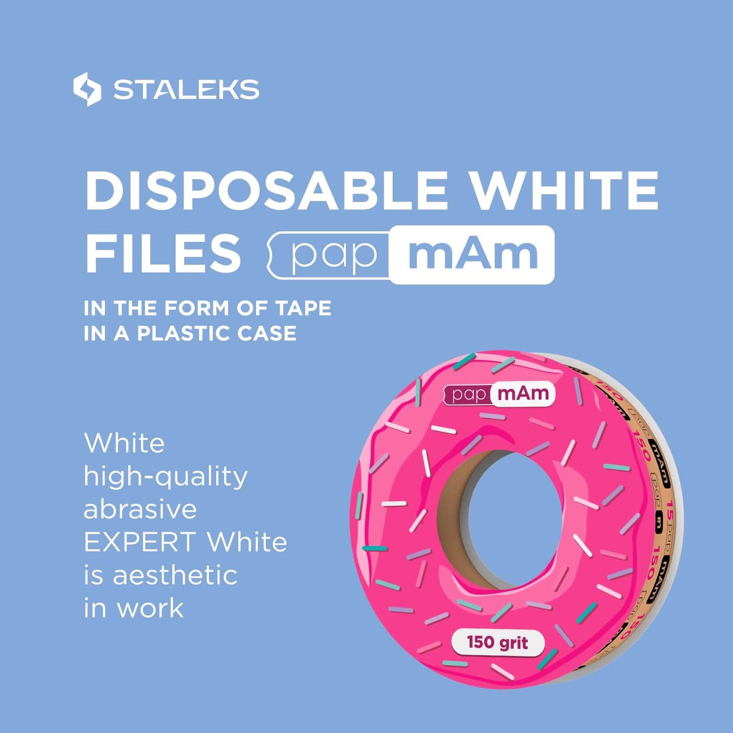 STALEKS PRO Disposable White Abrasive Tape papmAm Expert – 150 Grit – 7m Roll – Glueless Replaceable Abrasive for Plastic Case – Professional Nail Shaping – Manicure & Pedicure