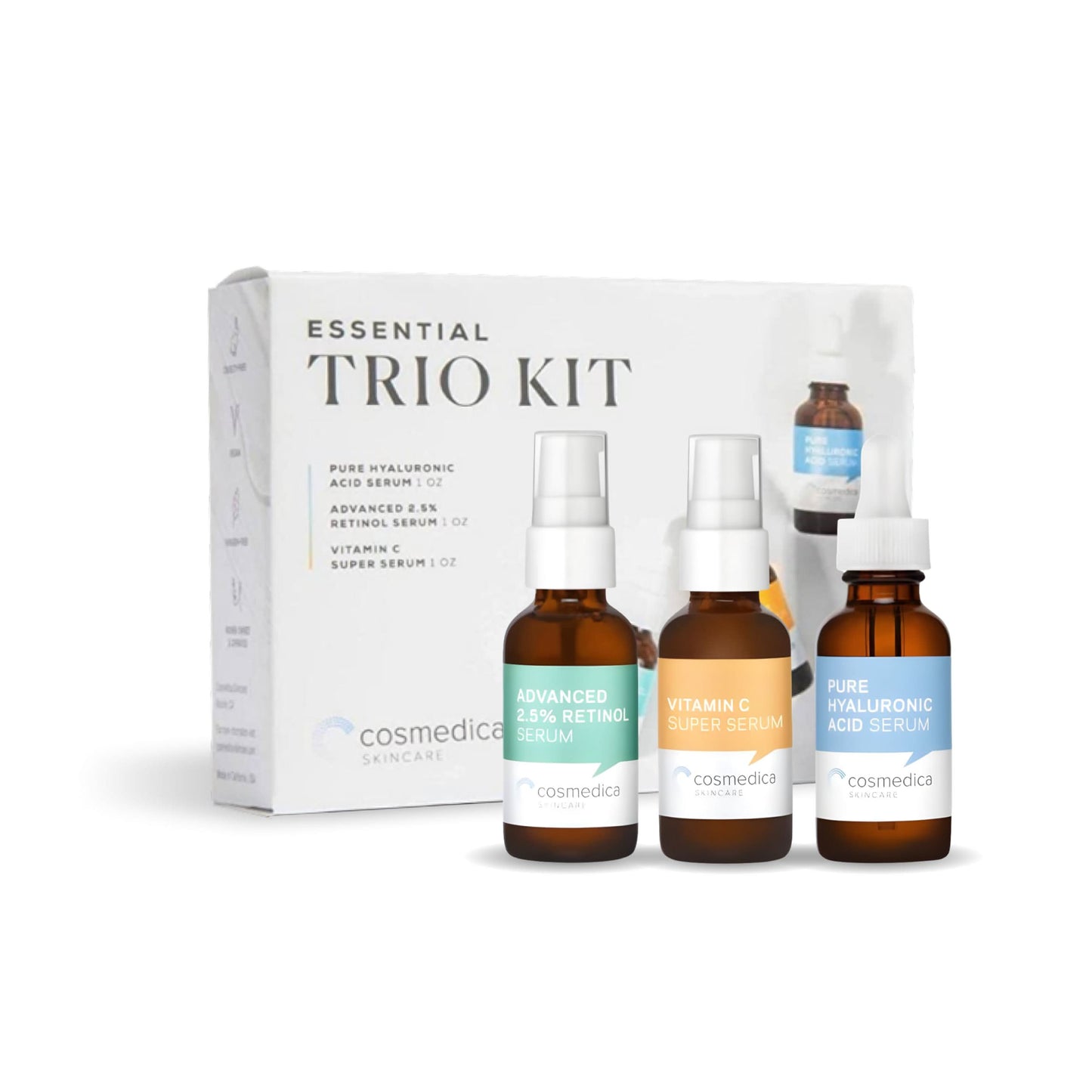 Cosmedica Skincare Facial Serum Trio Set – Vitamin C Serum, 2.5% Retinol Serum & Hyaluronic Acid Serum for Face – Anti Aging, Brightening & Hydrating Skincare – Reduce Wrinkles & Dark Spots – Vegan, Cruelty Free (3 x 1oz)