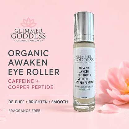 Glimmer Goddess Awaken Eye Ritual Under Eye Roller with Caffeine, Copper Peptide, Niacinamide and Hyaluronic Acid for Puffiness and Dark Circles, Fragrance-Free, Stainless Steel