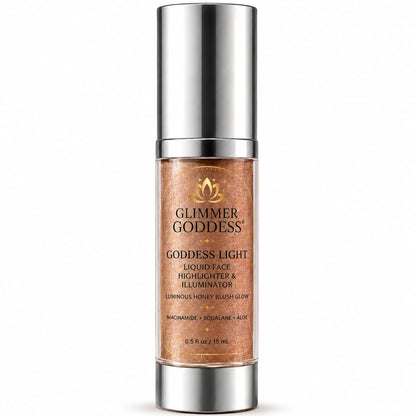 Glimmer Goddess Liquid Face Highlighter, Sheer Champagne-Gold Luminous Finish, for All Skin Tones, Buildable Illuminating Glow 15ML
