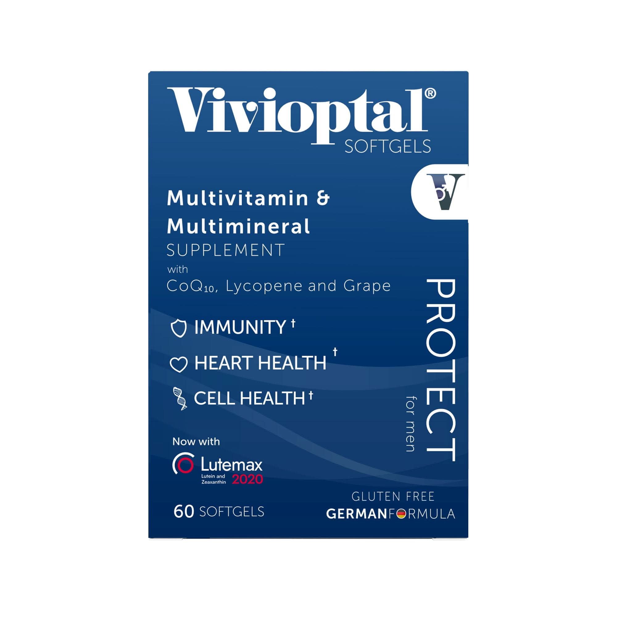 Vivioptal Men, 60 Capsules, CoQ10, Lycopene & Resveratrol, Multivitamin & Multimineral, Gluten Free, German Formula
