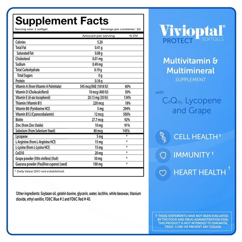 Vivioptal Protect For Men 30 Capsules Multivitamin & Multimineral Supplement CoQ10 Lycopene Resveratrol