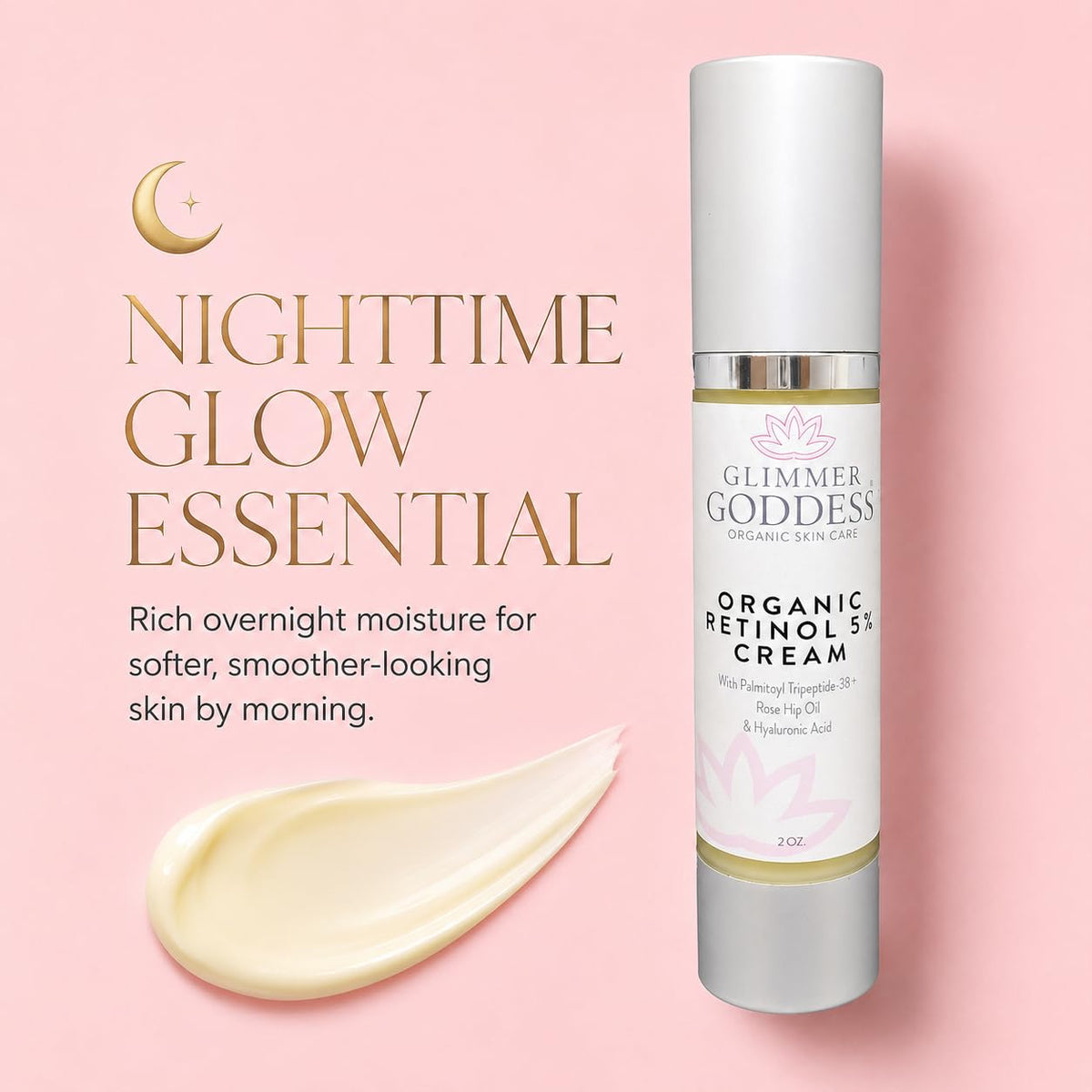 GLIMMER GODDESS Organic Retinol Wrinkle Repair Face and Neck Cream, 2 oz
