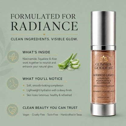 Glimmer Goddess Liquid Face Highlighter, Sheer Champagne-Gold Luminous Finish, for All Skin Tones, Buildable Illuminating Glow 15ML