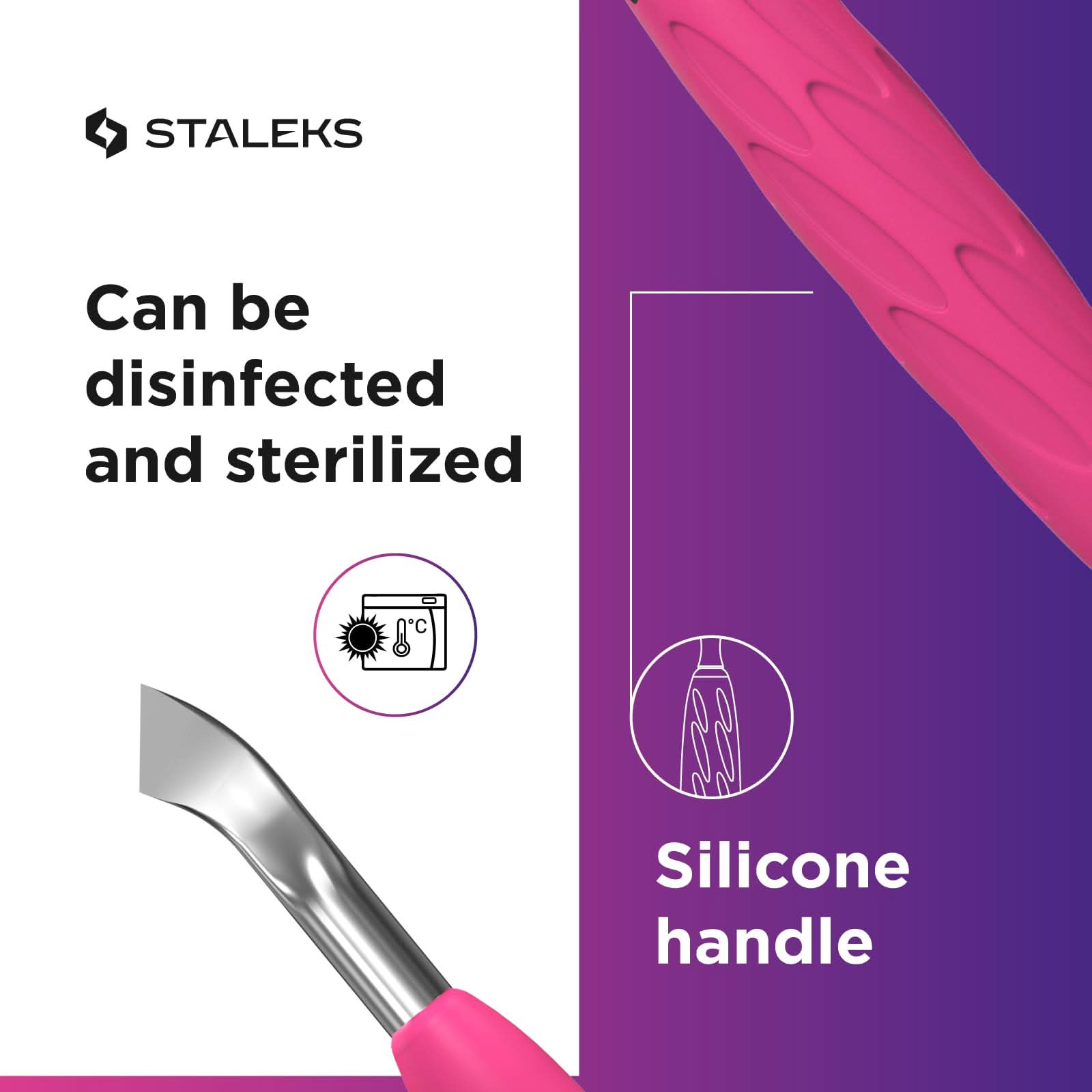 Staleks Manicure pusher Gummy with silicone handle UNIQ 10 TYPE 4.2 – Stainless Steel – Professional Cuticle Tool (rounded narrow pusher and bent blade)