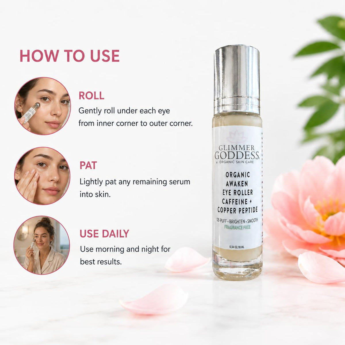 Glimmer Goddess Awaken Eye Ritual Under Eye Roller with Caffeine, Copper Peptide, Niacinamide and Hyaluronic Acid for Puffiness and Dark Circles, Fragrance-Free, Stainless Steel