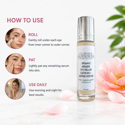 Glimmer Goddess Awaken Eye Ritual Under Eye Roller with Caffeine, Copper Peptide, Niacinamide and Hyaluronic Acid for Puffiness and Dark Circles, Fragrance-Free, Stainless Steel